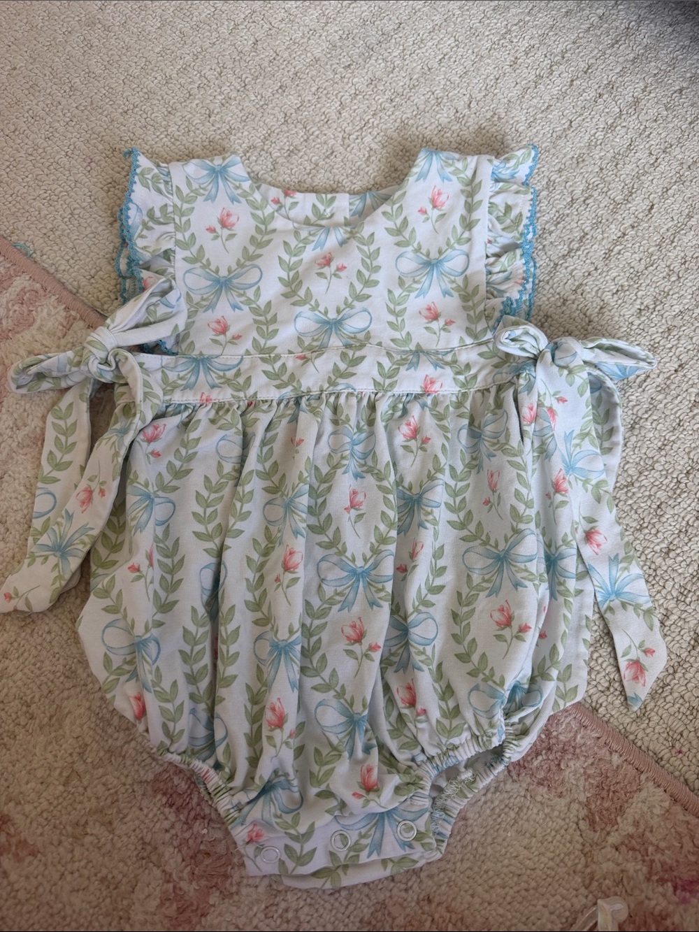 Floral Bow-Print Baby One-Piece Romper in Light Blue & Green